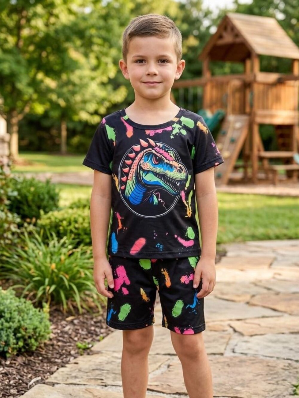 Boy's Neon Paint Splatter Dinosaur Outfit